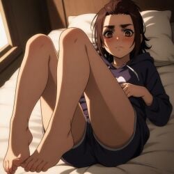 attack_on_titan blush blush brown_eyes brown_hair cute dress feet gabi_braun legs legs_up shy
