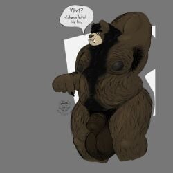 adrian_dough animal_genitalia animal_penis anthro armpit_hair balls bear bearnard_adams belly big_balls big_nipples black_bear black_hair black_nipples body_hair butt_hair claws darkened_balls darkened_genitalia darkened_penis english_text equine_genitalia equine_penis eyebrows flaccid genitals gesture hair hairy hand_behind_head hand_gesture happy_trail hi_res looking_at_viewer male mammal mane medial_ring moobs nipples overweight penis pointing pointing_at_penis pointing_at_self pubes solo talking_to_viewer text tusks unibrow ursine vein veiny_penis