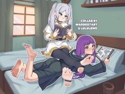 2girls bed bedroom book collaboration digital_media_(artwork) embarrassed english_text feet feet_focus fern_(sousou_no_frieren) foot_fetish frieren frieren_beyond_journey's_end green_eyes looking_at_feet lululewd painted_nails painted_toenails purple_eyes purple_hair purple_nails reading reading_book stirrup_legwear stirrup_socks text wardeotart white_hair white_nails