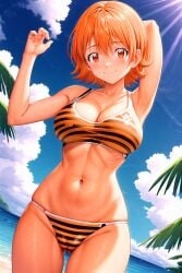 1girl ahoge ai_generated arm_behind_head arm_up armpits arms_up ass_visible_through_thighs bare_shoulders beach bikini blue_sky blush breasts cameltoe cleavage closed_mouth cloud cloudy_sky collarbone cowboy_shot day digimon digimon_adventure digimon_adventure_tri. female groin hair_between_eyes hand_up large_breasts looking_at_viewer navel ocean orange_bikini orange_hair outdoors palm_tree red_eyes rena_aikawa_(pixiv_user) short_hair skindentation sky smile solo sora_takenouchi standing stomach striped_bikini striped_clothes sunlight swimsuit thigh_gap thighs tiger_print tree water