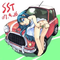 anus ass barefoot bent_over blue_eyes blue_hair bottomless car commentary_request female long_hair looking_at_viewer looking_back mini_cooper motor_vehicle presenting pun pussy sakurabe_notos saya_(saya_no_uta) saya_no_uta smile solo spread_pussy