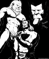 2013 abs anthro balls biceps big_penis chest_tuft cureboltium darius_(fullmetal_alchemist) feline fellatio fullmetal_alchemist fur furry gay gorilla grin hairy handjob heinkel human hybrid lion male male/male male_only monochrome muscles oral oral_sex pecs penis primate sex sound_effects text tuft uncut yaoi