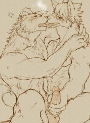 abs animal_ears bara blush chillasan claws closed_eyes commentary_request completely_nude dog_boy dog_ears dog_tail erection french_kiss furry furry_male highres kissing male_focus male_masturbation masturbation muscular muscular_male nude pectorals penis precum shoichi_urata_(tennis_ace) sweat tail tears tennis_ace_(visual_novel) testicles yaoi yuuichi_michimiya_(tennis_ace)