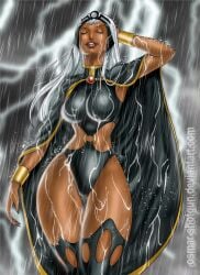 bracer breasts cape closed_eyes clothing dark-skinned_female dark_skin female female female_only fingernails jewelry large_breasts leotard lightning lips lipstick long_fingernails long_hair makeup marvel marvel_comics nail_polish osmar-shotgun rain solo storm_(x-men) swimsuit tagme thick_thighs thigh_gap thighhighs thighs torn_clothes wet wet_hair white_hair wide_hips x-men