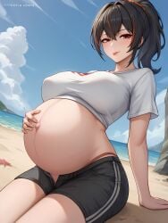 1girls ai_generated ass belly belly_button black_hair black_hair_female breasts exposed_belly exposed_belly_button exposed_pregnant_belly female hoyoverse light-skinned_female light_skin mihoyo mihoyo_technology_(shanghai)_co._ltd. new_eridu_public_security ponytail ponytail_(hair) ponytail_female pregnant pregnant_belly pregnant_female red_eyes red_eyes_female standing thick_thighs thighs wide_hips zenless_zone_zero zhu_yuan