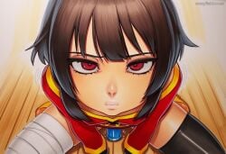 2025 ai_generated artist_name bandaged_leg bandages black_hair crazyfishbones female kono_subarashii_sekai_ni_shukufuku_wo! looking_at_viewer megumin red_eyes solo thighhighs