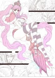 absurdres alternate_breast_size ass black_eyes breasts crown dracule_mihawk female gecko_moria highres junwumo kumacy large_breasts long_hair monkey_d_luffy nightmare_luffy one_piece perona pink_hair roronoa_zoro shorts signature solo_focus thighhighs twintails very_long_hair