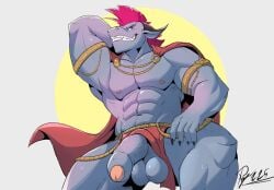 anthro balls bottomwear bottomwear_aside clothing clothing_aside dragon foreskin genitals grin hi_res humanoid_genitalia humanoid_penis koraru-san loincloth loincloth_aside male mohawk muscular muscular_anthro muscular_male mythological_creature mythological_scalie mythology penis rangstrom scalie smile solo