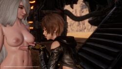 2girls android asian_female eve_(stellar_blade) lily_artemis_ii outdoors short_hair stellar_blade video_game video_game_character yuri