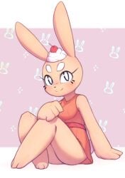 animal_ears animal_nose animal_print arm_support bare_shoulders blush body_fur breasts cherry closed_mouth commentary cream crossed_legs dress english_commentary female food food_on_head fruit full_body furry furry_female hand_on_own_knee happy highres keki_(kekitopu) kekitopu knees_up legs looking_at_viewer medium_breasts nose_blush object_on_head orange_dress orange_fur original pink_background rabbit_ears rabbit_girl rabbit_print short_dress sitting sleeveless sleeveless_dress smile solo split_mouth thick_eyebrows thighs whiskers white_eyes