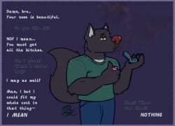 anthro big_nose bros_being_bros canid canine canis drugs english_text imminent_sex male mammal marijuana marijuana_pipe muscular nose_focus poorsal smoking smoking_marijuana solo text tilasu_(shilvascat) wolf
