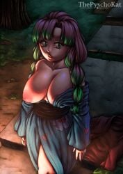 areolae beauty_mark big_areola big_breasts big_nipples braided_hair breasts breasts_out demon_slayer green_eyes huge_breasts kimetsu_no_yaiba kimono mitsuri_kanroji multicolored_hair night nipples one_breast_out onsen parted_lips thepsychokat