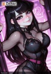 ai_generated bangs black_hair blunt_bangs blush breasts cleavage dollmaker dollmaker_(artist) female goth goth_girl large_breasts long_hair looking_at_viewer patreon_username pink_background purple_eyes smile solo tagme watermark