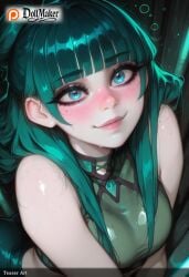 ai_generated aqua_eyes aqua_hair artist_name bangs bare_shoulders blunt_bangs blush breasts closed_mouth deviantart_username dollmaker dollmaker_(artist) eyebrows_visible_through_hair female green_hair long_hair looking_at_viewer looking_up medium_breasts nose_blush patreon_username smile solo tagme twitter_username watermark web_address