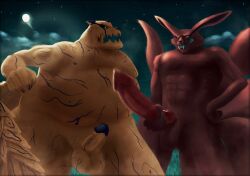 angry anthro balls big_balls big_penis canid canine comparing duo flashbulbmemory fox fox_spirit genitals hi_res kurama macro male male/male mammal naruto night outside penis raccoon_dog shukaku smile smirk smirking_at_another tanuki