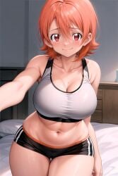 1girl ahoge bare_arms bare_shoulders bed black_shorts blush boyshort_panties boyshorts breasts cameltoe cleavage closed_mouth collarbone cowboy_shot digimon digimon_adventure digimon_adventure_tri. female hair_between_eyes indoors large_breasts looking_at_viewer midriff mole mole_on_breast navel on_bed orange_hair outstretched_arm pillow pov reaching red_eyes rena_aikawa_(pixiv_user) short_hair short_shorts shorts sitting smile solo solo_focus sora_takenouchi sports_bra sportswear stomach sweat thigh_gap thighs underwear white_sports_bra
