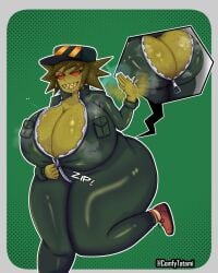1girls androjuniarto big_breasts big_butt breasts comfyui female female_focus female_only fly_gal_(androjunitaro) green_body massive_breasts oc original original_character smile smiling_at_viewer sweat sweaty_ass sweaty_body