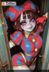 ai_generated bangs blunt_bangs blush breasts brown_hair dollmaker dollmaker_(artist) female gloves heart heart-shaped_pupils looking_at_viewer patreon_logo patreon_username puffy_short_sleeves puffy_sleeves short_hair smile solo striped symbol-shaped_pupils tagme watermark web_address