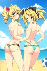 2girls ass beach bikini_bottom blonde_hair blue_eyes character_request copyright_request lindaroze nipples tagme topless topless_female