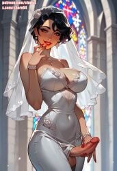 1futa ai_generated big_breasts big_penis black_hair charv church church_interior erection futa_only futanari kaori_(charv) looking_at_viewer short_hair wedding_dress wedding_veil