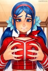 2025 ai_generated artist_name blue_eyes blue_hair blush breast_grab breasts crazyfishbones female grabbing hair_ornament long_hair original solo