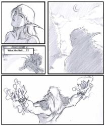 closed_eyes comic crescent_moon female greyscale jewelry long_hair monochrome monster pointy_ears silent_comic