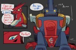 ballistamon bandai_namco close-up digimon digimon_(species) digimon_xros_wars feet genitals hi_res machine male male/male penis pirruwan red_body robot scalie shaking shoutmon shoutmon_(king_ver.) size_difference tail toes trembling yellow_eyes