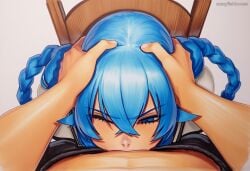 1boy 2025 ai_generated artist_name blue_eyes blue_hair crazyfishbones female long_hair oral penis pov roxy_migurdia solo_focus straight