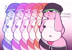 anthro beanie belly birthday blush bodily_fluids bottom_heavy bottomwear bottomwear_down bulge cheek_spots clothed clothing colored dialogue digital_drawing_(artwork) digital_media_(artwork) drawstring fur green_hair hair hat headgear headwear hi_res lagomorph leporid long_ears looking_away male mammal moobs navel nipple_tape open_mouth overweight overweight_anthro overweight_male panties partially_clothed pasties pattern_bottomwear pattern_clothing pattern_panties pattern_underwear pink_body pink_clothing pink_panties pink_underwear pubes rabbit shorts shorts_down solo striped_bottomwear striped_clothing striped_panties striped_underwear stripes sweat tape underwear zlut385