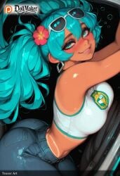 ai_generated aqua_eyes aqua_hair artist_name blush breasts denim dollmaker dollmaker_(artist) earrings eyewear_on_head female flower goggles goggles_on_head hair_ornament hatsune_miku jeans jewelry lips long_hair lying pants patreon_username smile solo sunglasses tagme tan tanlines twintails watermark web_address