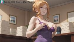 1girls ai_generated artist_name artist_signature bare_shoulders blonde_hair bra breasts cleavage covering_privates dress glasses grabbing_own_breast grin henrietta_(log_horizon) hi_res high_resolution highres indoors kurutai large_breasts log_horizon looking_at_viewer mature_female purple_dress purple_eyes rimless_eyewear sidelocks smile solo subscribestar subscribestar_username uncensored underwear
