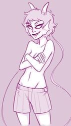 1girls blank_eyes boxers covering covering_breasts crossed_arms eyebrow_piercing fins grin homestuck horns looking_at_viewer meenah_peixes ms_paint_adventures paradoxjelli pink_background pink_hair sharp_teeth small_breasts smile solo tomboy troll