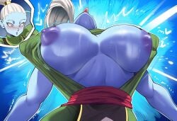 1girls ai_generated angel angel_(dragon_ball) blue_skin breasts breasts_bigger_than_head divine divine_slut dragon_ball dragon_ball_super female head_back huge_breasts implied_sex mullon novelai tall_female tongue tongue_out top_heavy vados white_hair