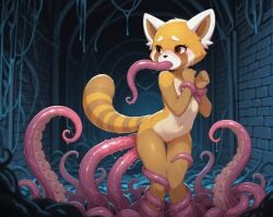 ai_generated damnblackfox front_view furry looking_aside red_panda solo stable_diffusion standing tentacle tentacle_in_ass tentacle_in_mouth tentacle_penetration tentacle_rape tentacle_sex tentacle_trap