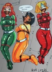 3girls alex_(totally_spies) blue-lotus bondage bondage bound bound_and_gagged breath_holding breathplay cartoon cartoon_network clover_(totally_spies) damsel_in_distress fanart female gagged kidnapped_girl latex latex_suit mouth_gag sam_(totally_spies) tape_gag tape_gagged totally_spies