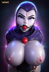 3d_(artwork) abstract_background ai_generated big_breasts breasts dc dc_comics forehead_jewel grey_body grey_skin looking_at_viewer mouth_gag nipples purple_eyes purple_hair rachel_roth raven_(dc) ripped_clothing teen_titans