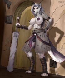 5_fingers abs anthro areola armor balls big_breasts breasts canid canid_demon canine demon fingers foreskin fur futanari genitals grey_areola grey_nipples gynomorph hellhound helluva_boss hi_res humanoid_genitalia humanoid_penis intersex kenshi loona_(helluva_boss) mammal mansilite melee_weapon multicolored_body multicolored_fur muscular muscular_gynomorph muscular_intersex mythological_canine mythological_creature mythology nipples penis piercing pubes samurai solo sword tail tall two_tone_body two_tone_fur vein veiny_penis warrior weapon