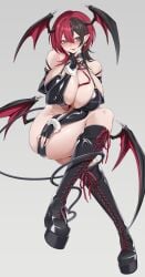 1girls bachumaro_xo bare_shoulders black_hair blush breasts breasts_bigger_than_head cleavage demon_girl demon_tail demon_wings enormous_breasts female fingerless_gloves hair_between_eyes head_wings huge_breasts jewelry large_breasts long_hair multicolored_hair pointy_ears red_hair thick_thighs thighs wings