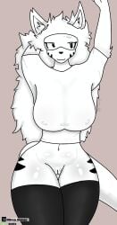 absurd_res anthro big_breasts big_eyes bodily_fluids breasts canid canine canis clitoris clothing exposed_fat eyewear female female_anthro front_view fur genital_fluids genitals goggles gusa hair hi_res humanoid legwear long_hair looking_away lying mammal midriff navel on_front small_waist solo stockings straining_clothing striped_body striped_fur stripes tail thick_thighs thigh_highs vaginal_fluids white_body white_fur wide_hips wolf