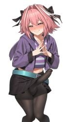 ain(in) astolfo_(fate) astolfo_(fate/apocrypha) big_penis black_bow black_skirt bulge bulge_through_clothing erect_penis erection exposed_stomach fate/apocrypha fate/grand_order fate_(series) hair_ornament hairbow hoodie huge_balls huge_cock huge_cock leggings otoko_no_ko otokonoko pink_eyes pink_hair purple_clothing short_hair short_skirt skirt smile stockings stripped_clothes thick_thighs tights trap tummy