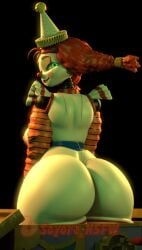 1girls 3d 3d_(artwork) ass back_view big_ass big_breasts clown clown_girl clown_makeup clown_nose dentalfloss_thong female five_nights_at_freddy's five_nights_at_freddy's:_secret_of_the_mimic green_eyes jackie_(fnaf) jackie_(mishuuyu) looking_at_viewer looking_back red_hair robot secrets_of_the_mimic solo thick_thighs white_body