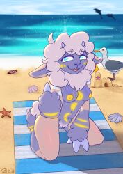 absurd_res anthro avian beach bird blue_eyes bovid breasts caprine cetacean cloud day detailed_background dolphin ear_piercing ear_tag eyebrows eyeliner female fur fur_markings gesture gull hair hand_gesture hand_on_ground hi_res hooves horn kneeling lari larid long_hair makeup mammal marine markings middle_finger neck_tuft nipples nude on_ground paul_0w0 piercing pubes public purple_body purple_fur raised_tail sand sand_castle sculpture sea seashell shaded sheep shell smile smug solo solo_focus tail tan_body tan_fur teeth thick_thighs tongue toothed_whale tuft una_the_moon_sheep vulva water wool_(fur) yellow_body yellow_fur