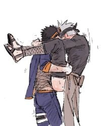 2boys anal ass black_hair blush carrying carrying_person clothed_sex fishnets full-face_blush gay goggles grey_hair hatake_kakashi jacket male/male male_focus multiple_boys naruto_(series) naruto_shippuuden pants roastfishrice sex short_hair uchiha_obito upright_straddle yaoi
