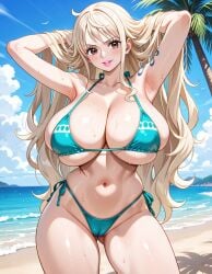 ai_generated arms_up beach big_breasts bimbo bimbofication blonde_hair huge_breasts massive_breasts nami_(one_piece) one_piece swimsuit