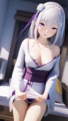 ai_generated bedroom emilia_(re:zero) flat_chest kimono kimono_pull looking_at_viewer purple_eyes re:zero_kara_hajimeru_isekai_seikatsu shy_smile small_breasts white_hair