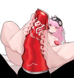 1boy absurdres barefoot black_choker blunt_bangs blush breasts censored choker coca-cola commentary english_commentary feet female foot_focus footjob foreshortening highres hololive hololive_english hololive_myth large_breasts leaning_back long_hair looking_at_viewer mori_calliope mori_calliope_(sleepwear) novelty_censor nude pink_hair pompmaker1 pov red_eyes simple_background sleep_mask straight toes two-footed_footjob virtual_youtuber white_background