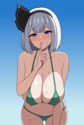 1girls absurd_res alternate_breast_size ass_visible_through_thighs bikini blue_eyes blush breasts embarrassed female female_only large_ass large_breasts nipples nipples_visible_through_clothing sagging_breasts short_hair shushing simple_background solo ssaf_seibeupail sweat swimsuit thigh_gap thighs touhou white_hair youmu_konpaku