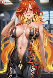 1girls ai ai-created ai_assisted ai_generated akyoi ass blush genshin_impact gym hoyoverse large_breasts long_hair looking_at_viewer mavuika_(genshin_impact) patreon red_eyes red_hair teasing thick_thighs wet