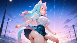 ai_art ai_generated animal_ears blue_hair cat_ears cat_girl cat_tail catgirl dickgirl futanari futanari koneko konekofuta large_breasts large_penis meteor_shower panties pink_hair spinning twirling two_tone_hair two_tone_hair_(blueandpink) upskirt