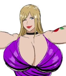 2d 2d_(artwork) 2d_artwork arms_straight b._jenet big_breasts blonde_hair blue_eyes breasts breasts_bigger_than_head choker digital_drawing_(artwork) digital_media_(artwork) fatal_fury fatal_fury:_city_of_the_wolves large_breasts light-skinned_female light_skin long_hair looking_at_viewer momiji_(artist) purple_clothing red_lips skimpy skimpy_clothes snk white_background wink winking winking_at_viewer